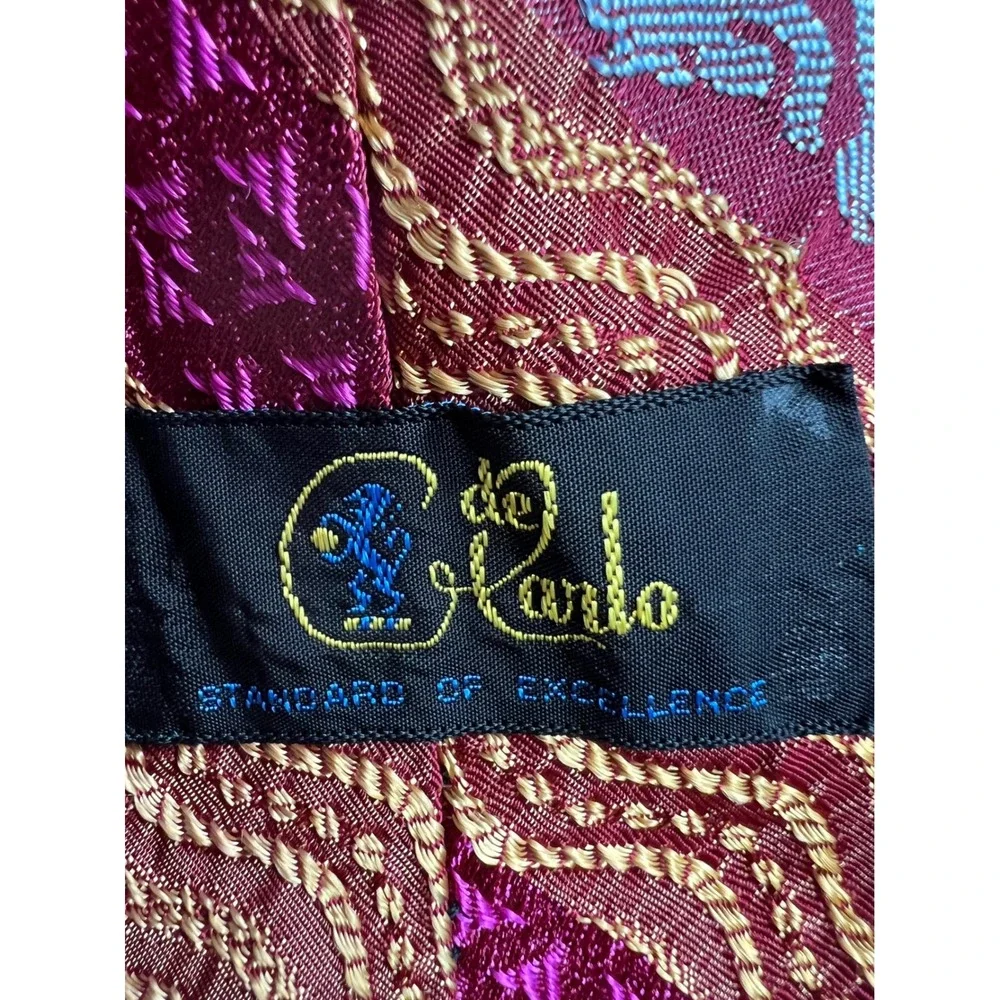 Vintage 1960s De Carlo Mens Tie Burgundy Gold Psychedelic Lion Heraldic Wide 60s